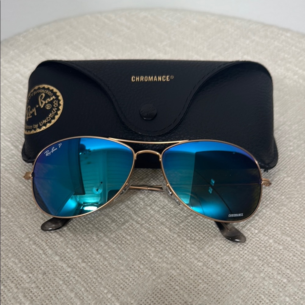 Ray-Ban Chromance Gold Frame Sunglasses with Blue Lenses
